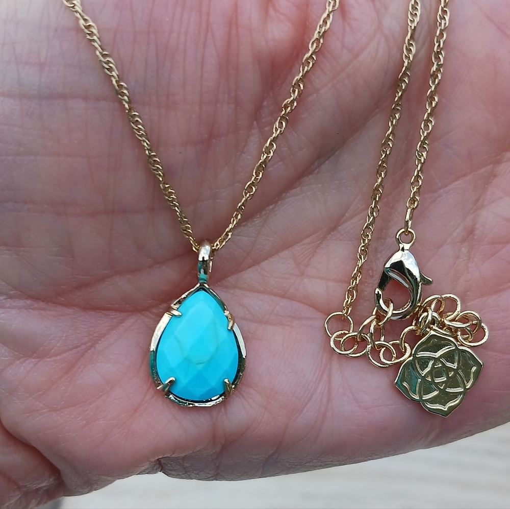 Kendra Scott TURQUOISE Pear Shape Pendant Gold Rope Chain Necklace Adjustable